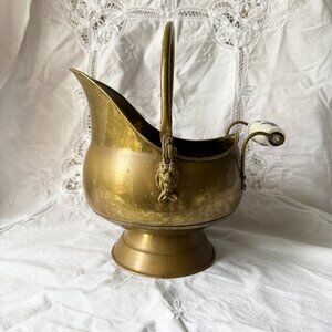 Vintage Brass Coal Scuttle Bucket with Delft Handle Floral Design and Lion Head